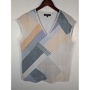 Lafayette 148 Shirt Womens Medium Multicolor Silk Sleeveless V Neck Geometric